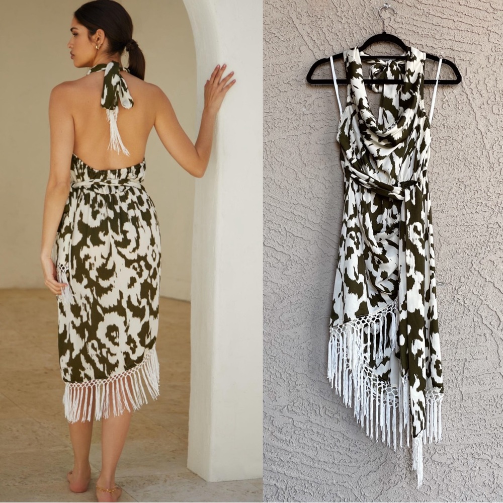 ANTHROPOLOGIE Olive Green & White Satin Fringe Cover Up Halter Dress - Picture 4 of 15